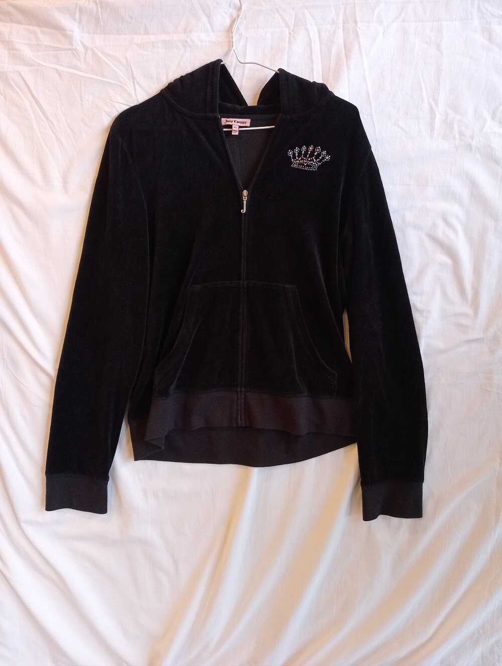 Juicy Couture Black Velour Zip Hoodie with Rhinestone Crown
